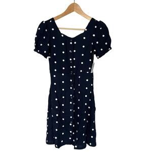 OLD NAVY Girl's Size L 10-12 Navy Blue White Polka Dots Puff Sleeve Button Dress